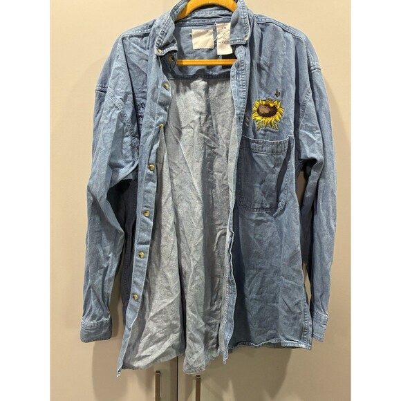 Longaberger Baskets Sunflower Bee Embroidered Denim Shirt XL Vintage 100% Cotton - Picture 5 of 8
